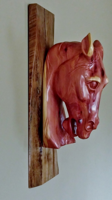 carved cedar horse head sculpture wall hanging shellac side view