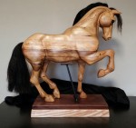 hand carved sculpture of andalusian horse in reclaimed poplar wood real horse hair mane and tail