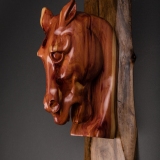hand carved cedar stump horse head on walnut base wall hanging